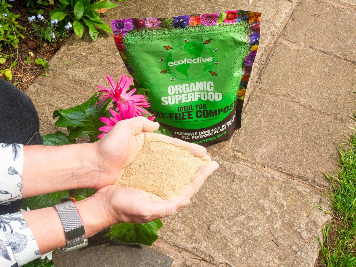 Hands holding ecofective Organic Superfood peat-free compost booster in the garden