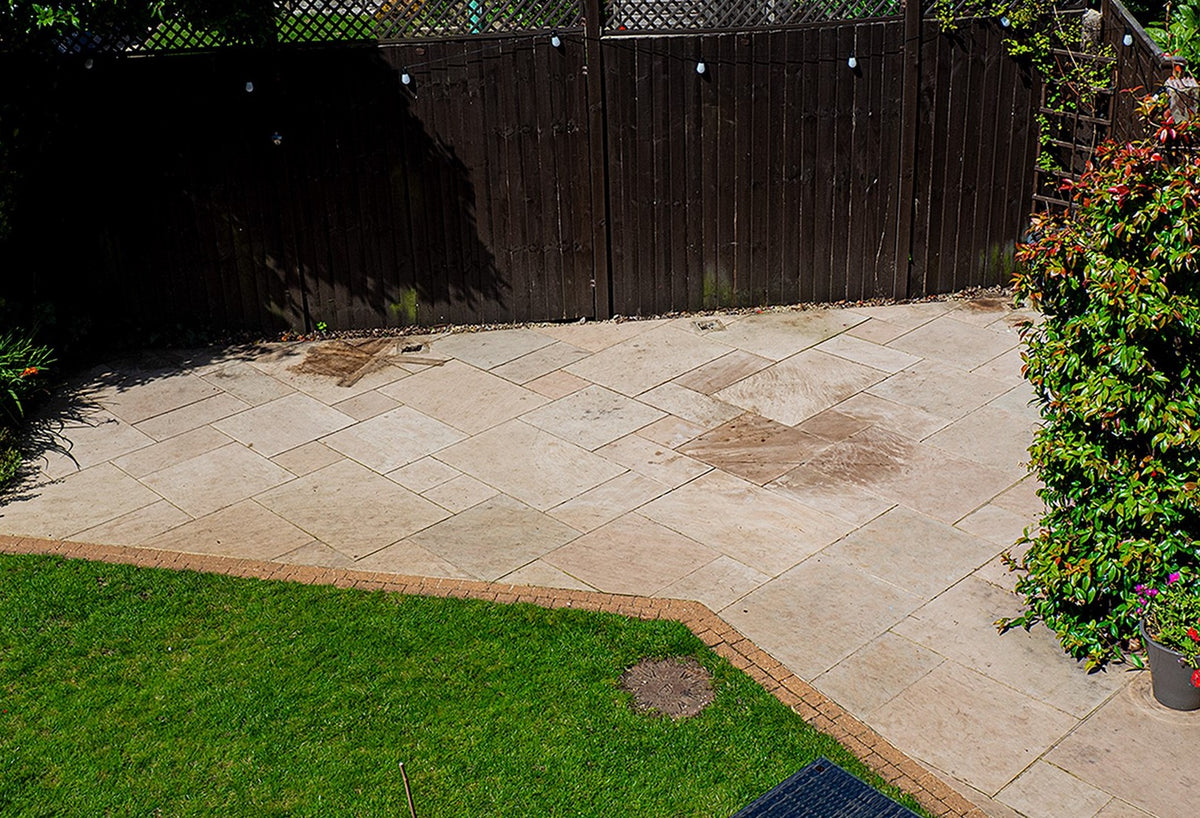 Patio before treatment with Patio Blast – green algae and mould