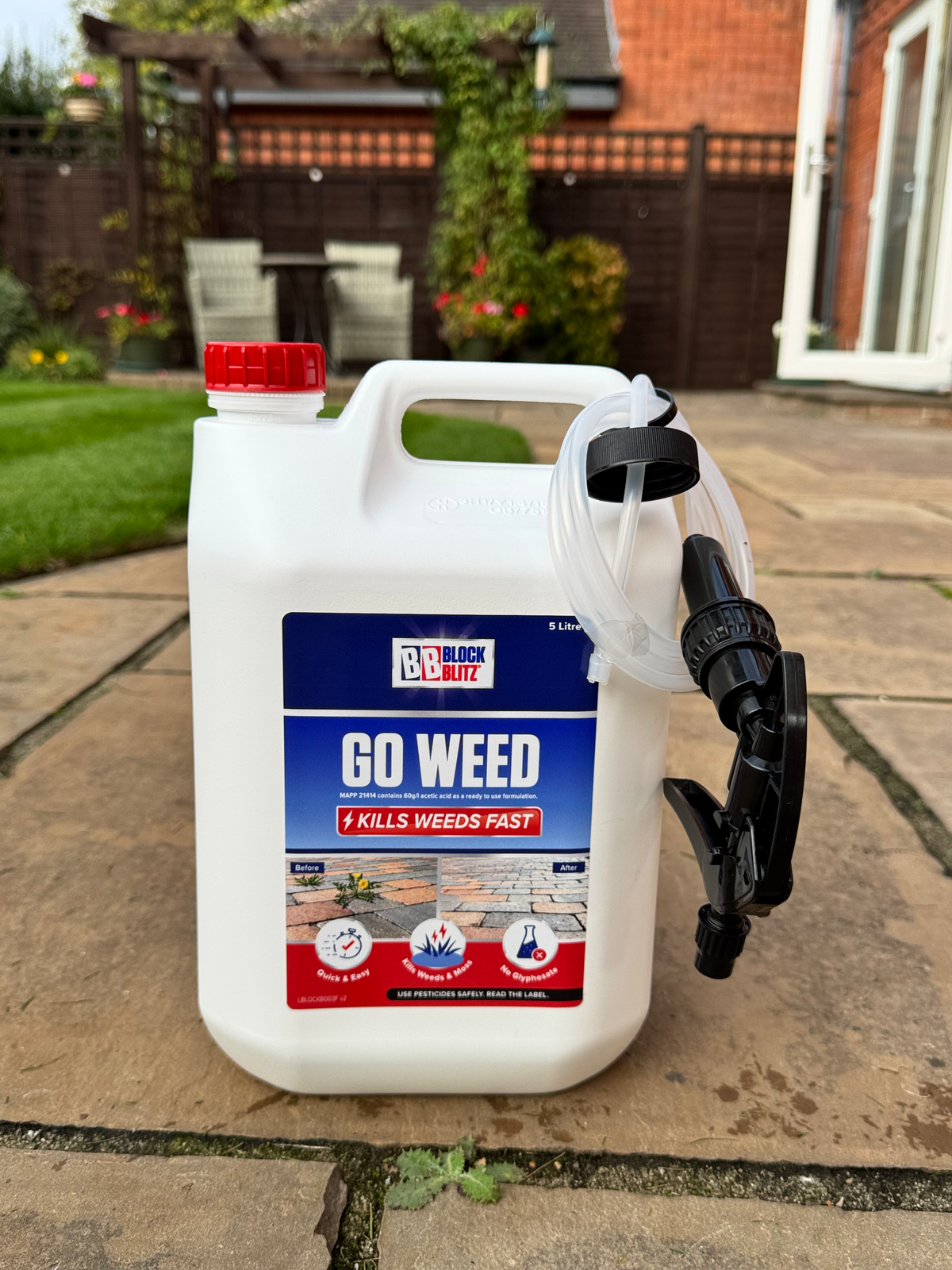 Go Weed 5L with pump sprayer on a driveway