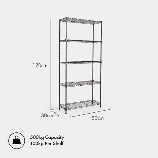 VonHaus - 5 Tier Wire Shelving Unit (Black Powder Coated Metal Shelf)