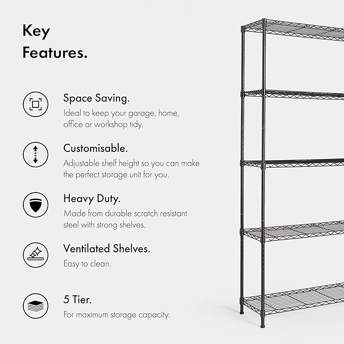 VonHaus - 5 Tier Wire Shelving Unit (Black Powder Coated Metal Shelf)