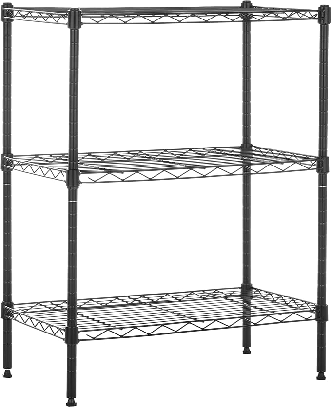 Basics 3-Shelf Narrow Storage Unit With Height Adjustable Shelves and Levelling Feet, 340 kgs Max Weight, Black, 34 cm D x 58.9 cm W x 76.2 cm H