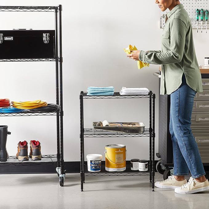 Basics 3-Shelf Narrow Storage Unit With Height Adjustable Shelves and Levelling Feet, 340 kgs Max Weight, Black, 34 cm D x 58.9 cm W x 76.2 cm H