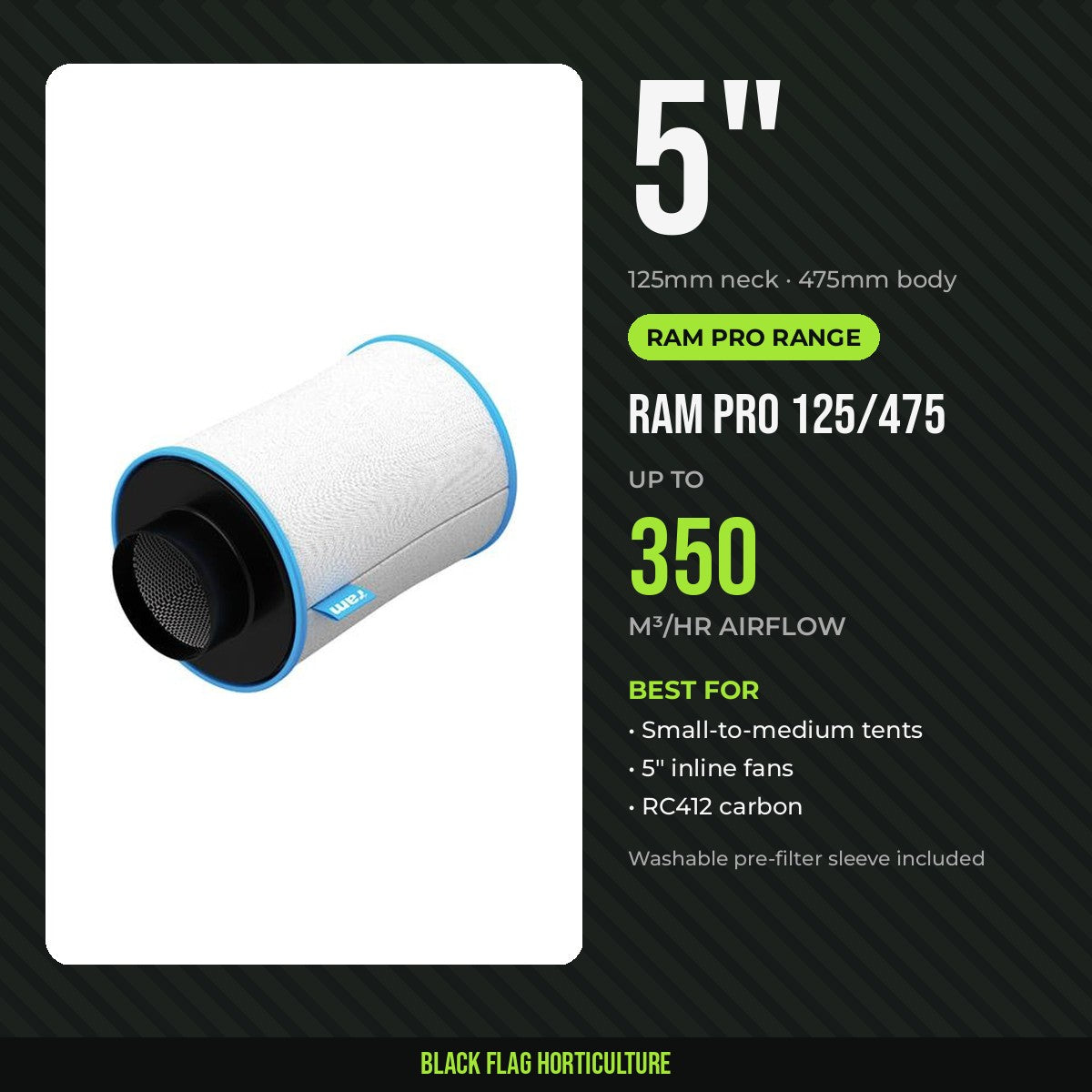 RAM Pro 125/475 5 inch carbon filter, 350m³/hr