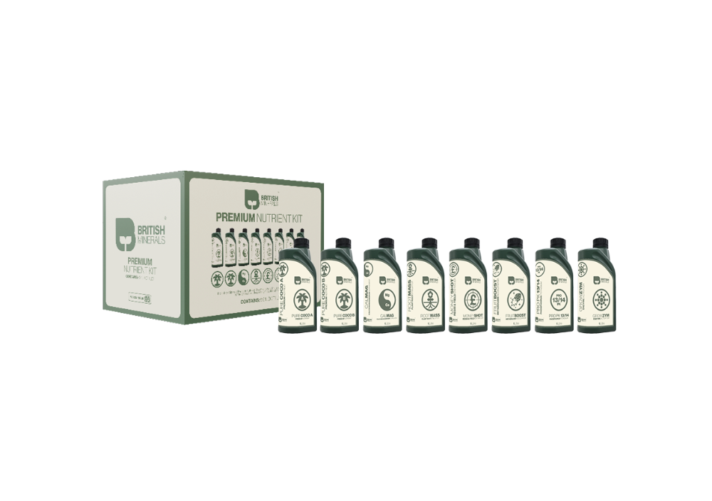 British Minerals Premium Nutrient Kit – 8 x 1L bottles including Pure Coco A&B, CalMag, Root Mass, GrowZym, Fruit Boost, Pro PK 13/14 and Money Shot