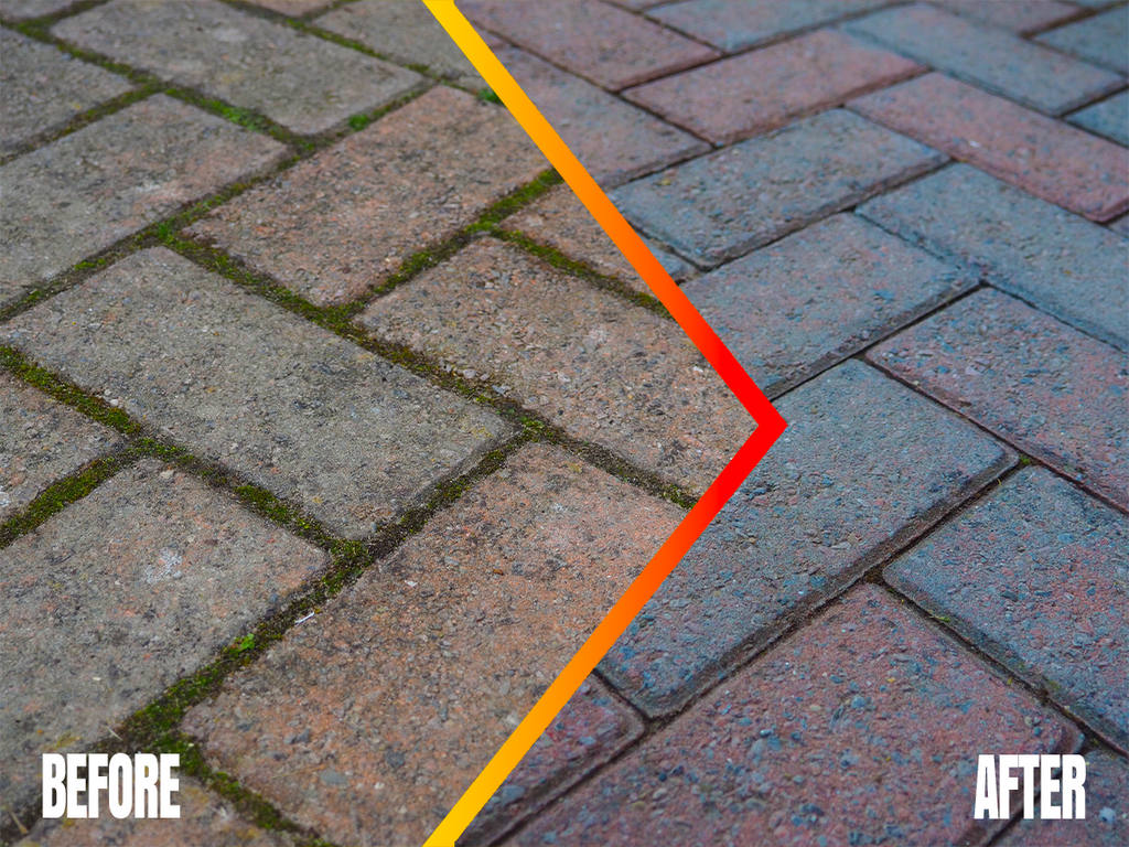 SPOT-ON Fast Acting Moss Killer before and after on block paving