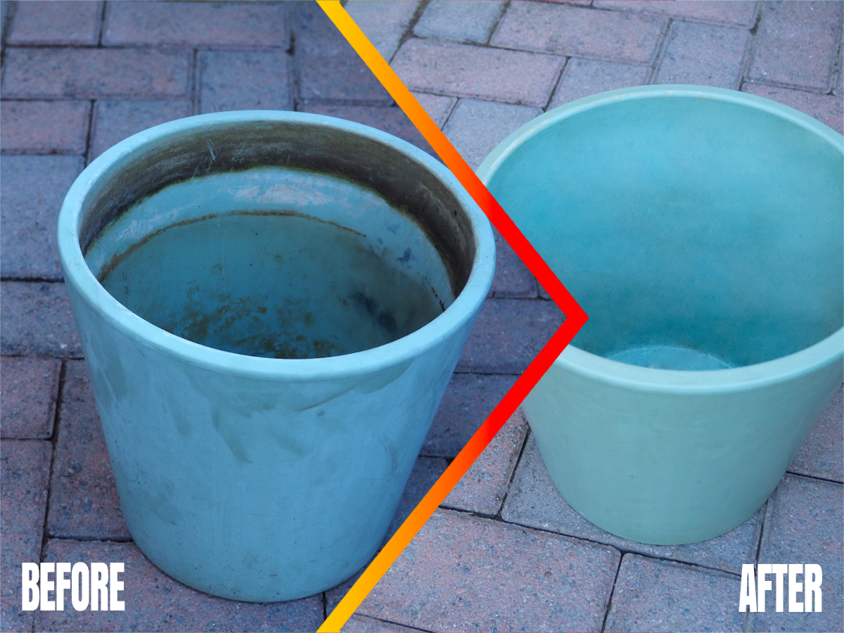 SPOT-ON Outdoor Cleaning Fluid before and after on a plant pot