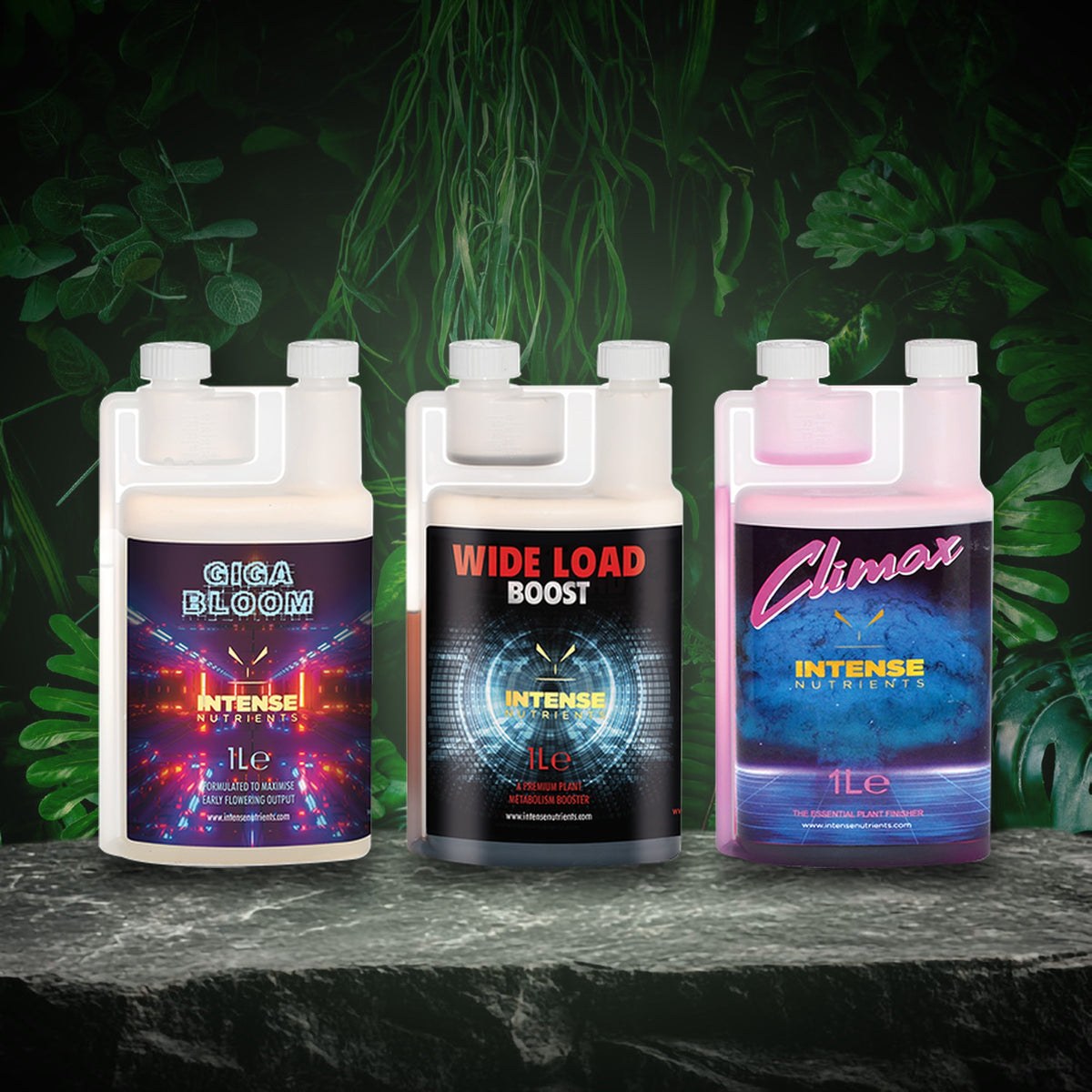 Intense Nutrients Giga Bloom, Wideload Boost and Climax flowering range