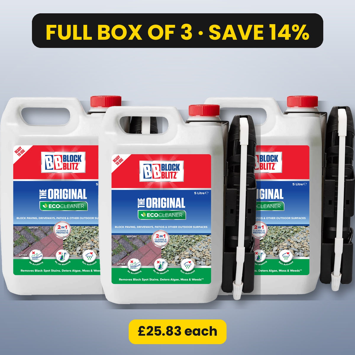 Block Blitz Eco Cleaner with electric sprayer – box of 3, save 14%