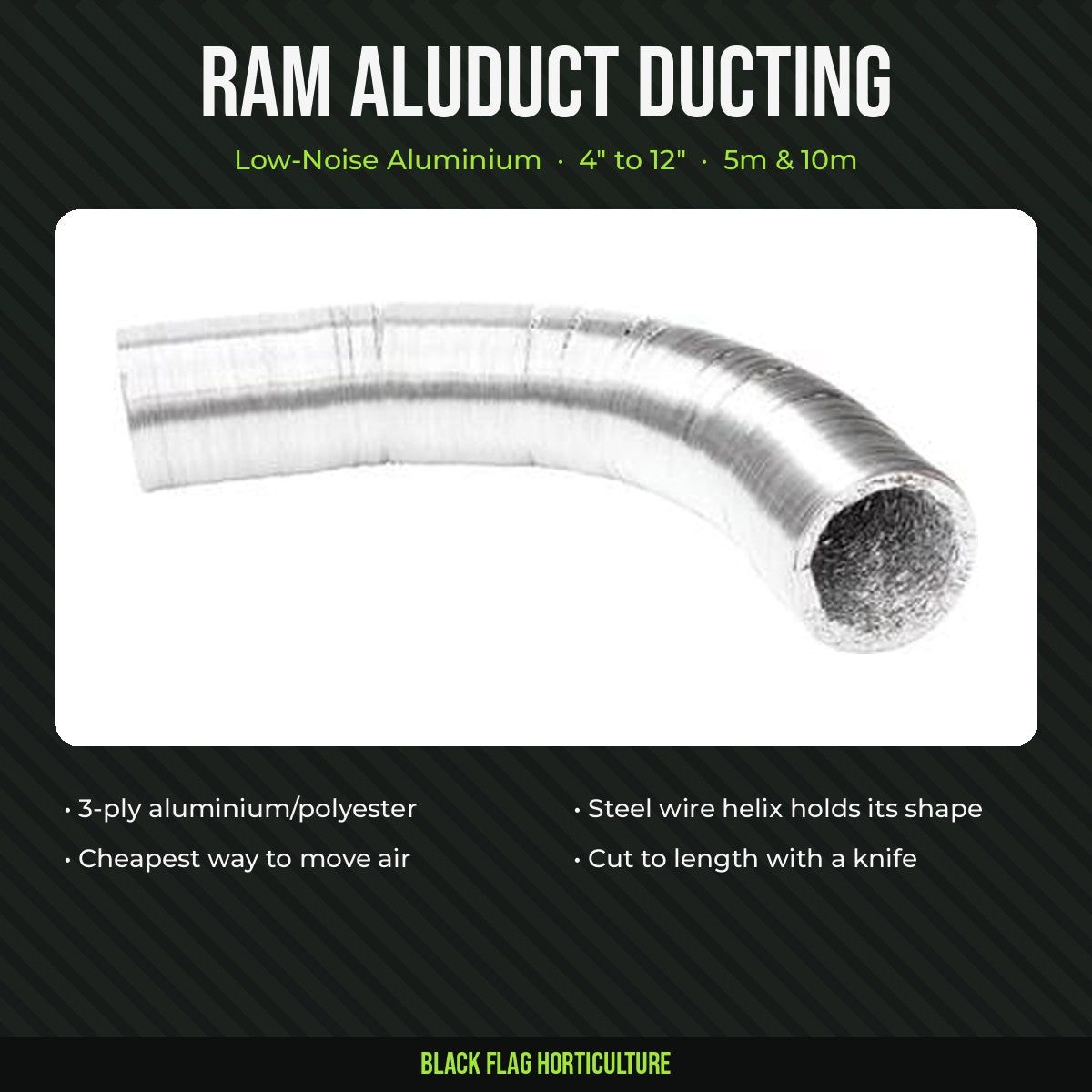 RAM Aluduct low-noise aluminium ducting, 4 to 12 inch, 5m and 10m