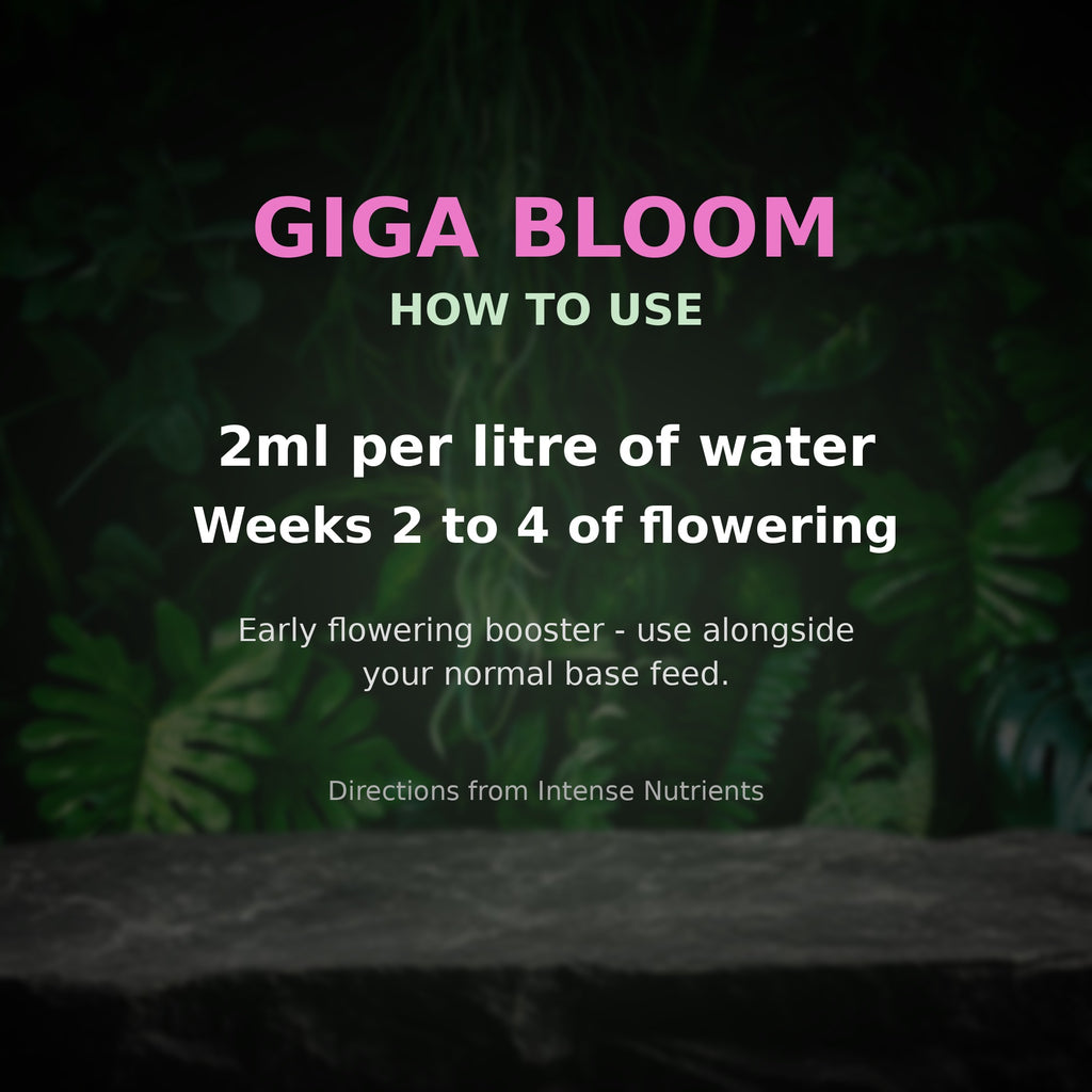Giga Bloom how to use: 2ml per litre in weeks 2 to 4 of flowering