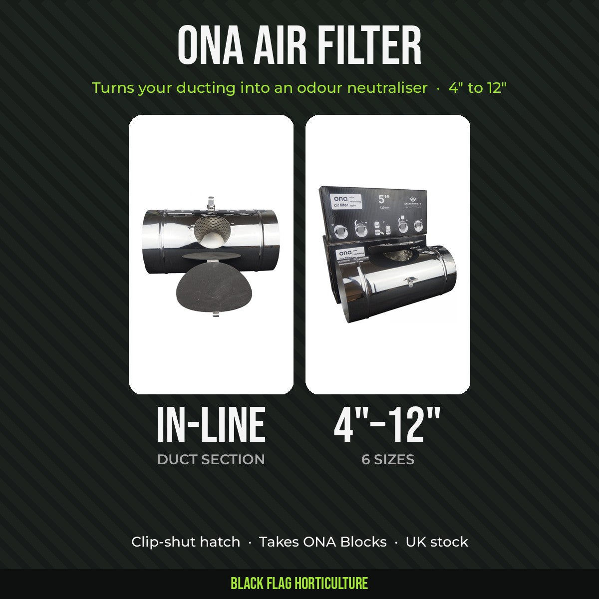 ONA Air Filter in-line duct odour neutraliser, 4 to 12 inch