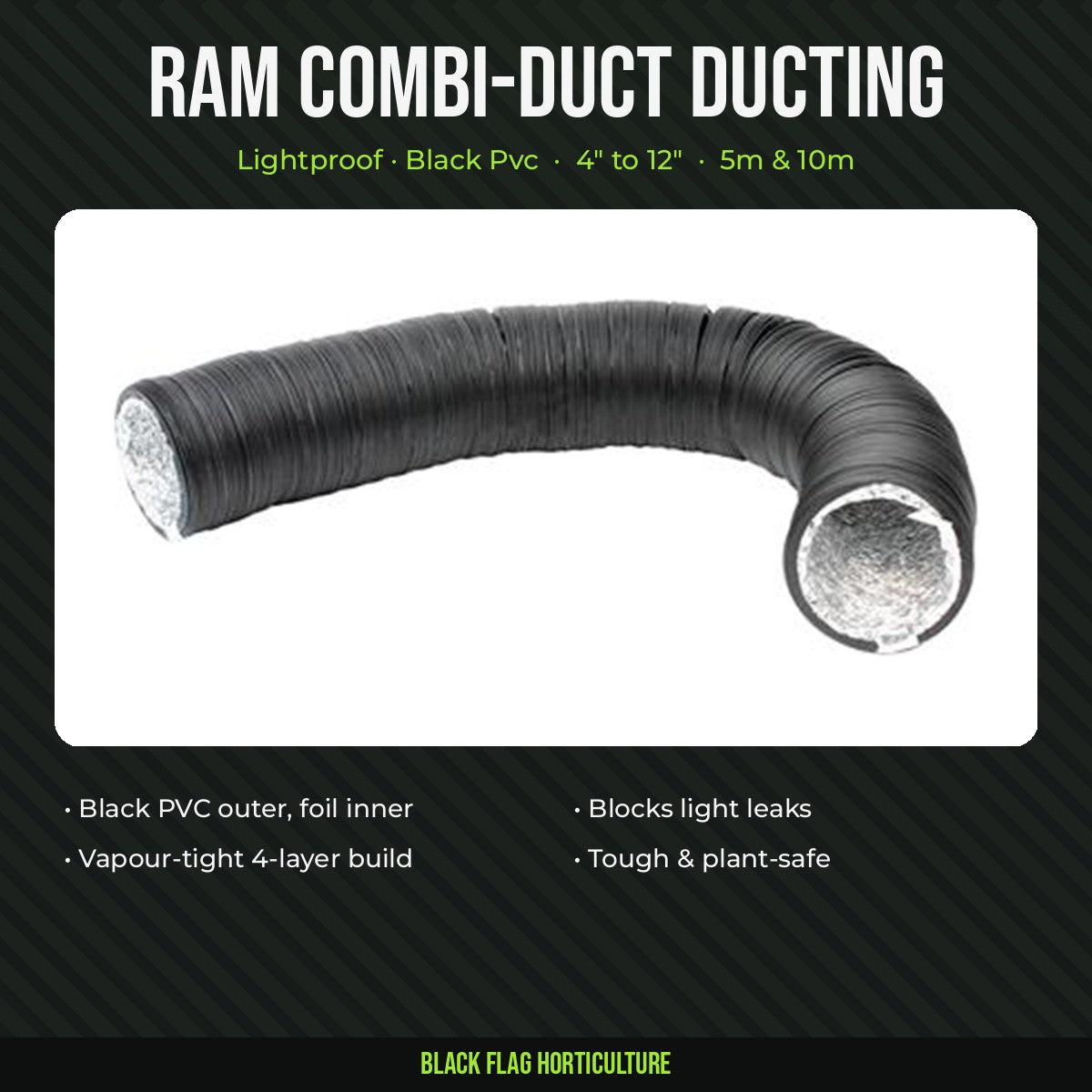 RAM Combi-Duct lightproof black ducting, 4 to 12 inch, 5m and 10m