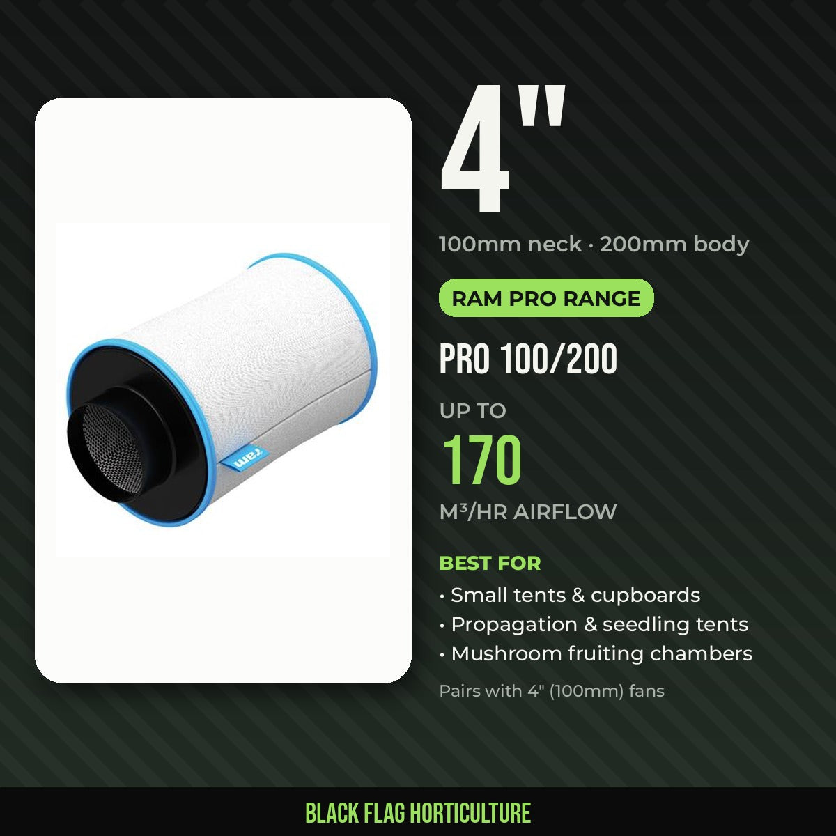 RAM Pro 100/200 4 inch carbon filter, 170m³/hr