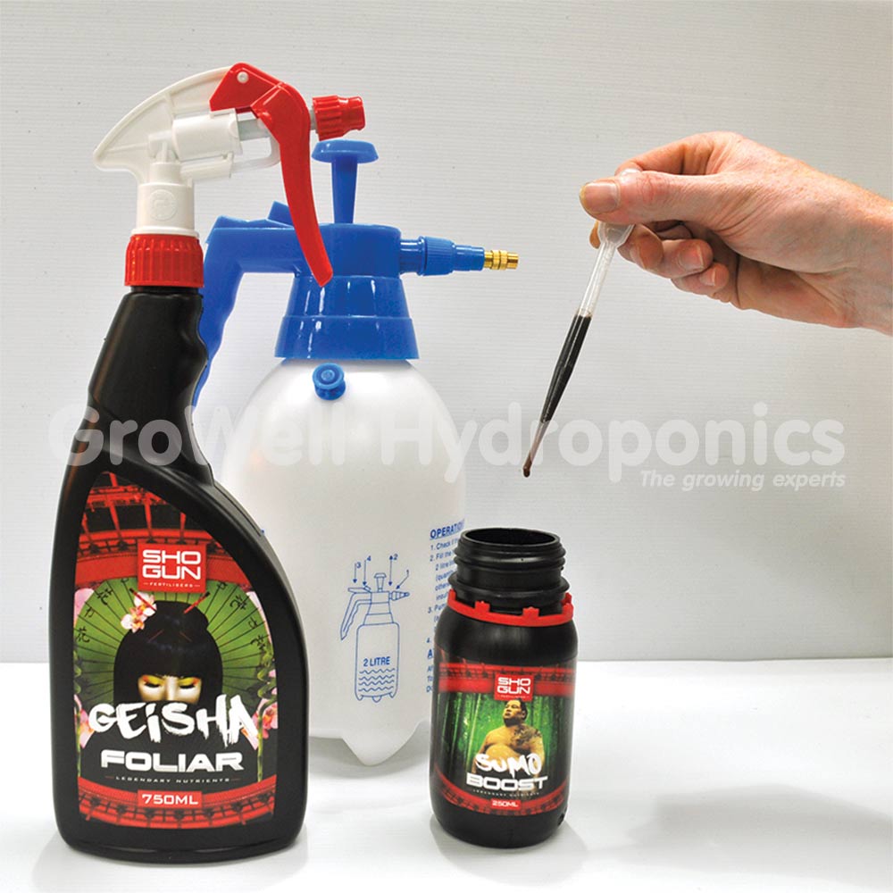 Shogun Geisha foliar spray in use on plant leaves